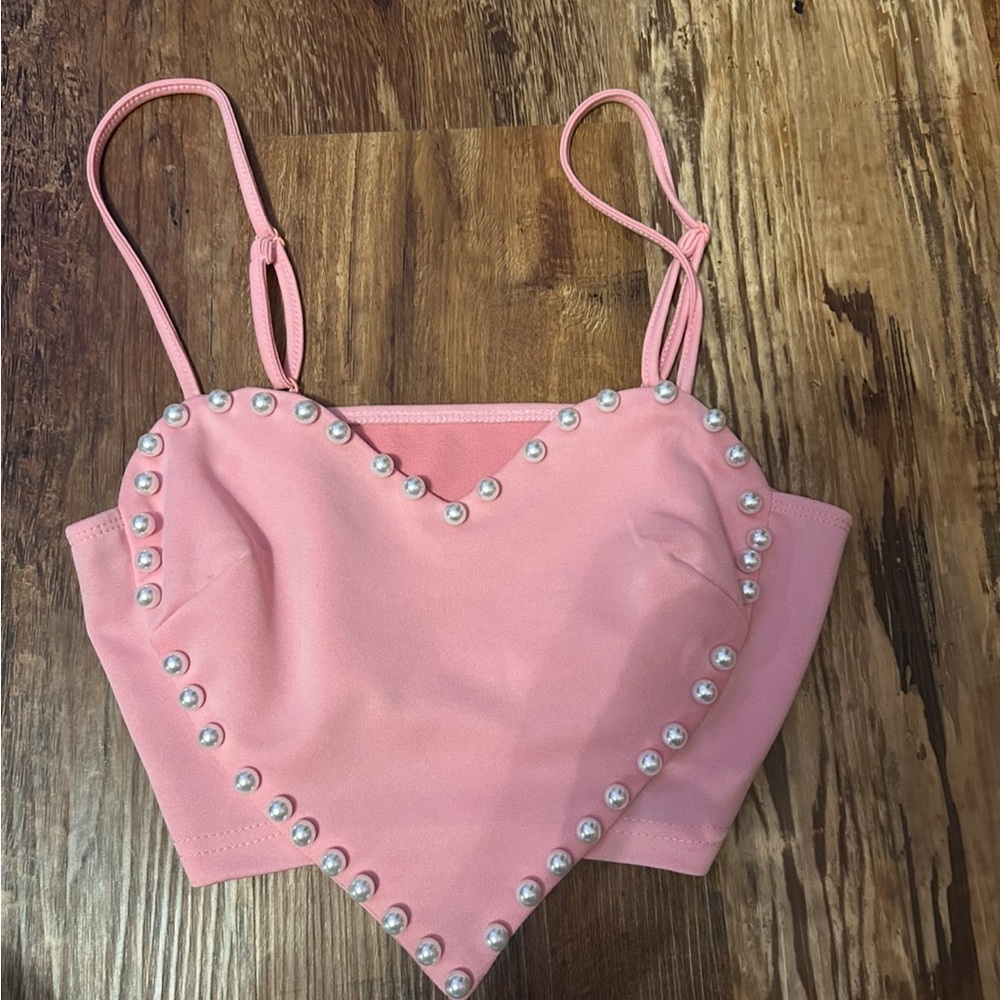 Pink Heart Crop Top Concert Top with Pearl Accents